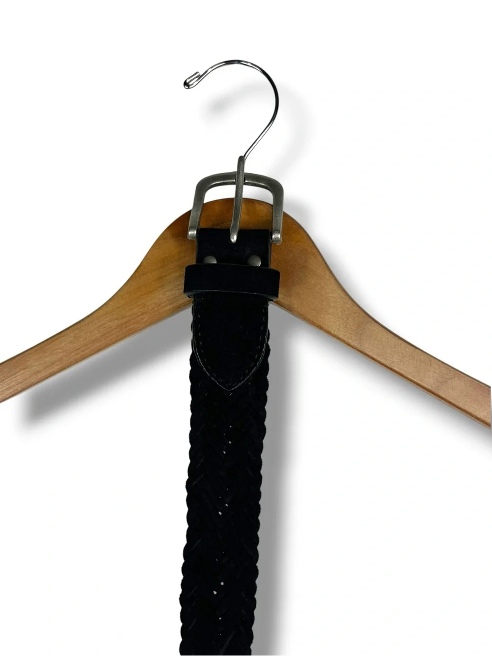 Abercrombie and Fitch Men's Braided Leather Suede Black Belt Brushed Silver Buck
